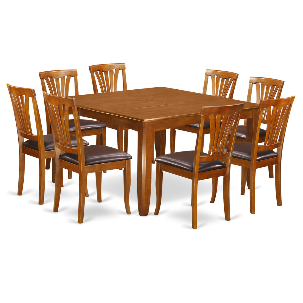 East West Furniture PFAV9-SBR-LC 9 Piece Dining Table Set Includes a Square Wooden Table with Butterfly Leaf and 8 Faux Leather Dining Room Chairs, 54x54 Inch, Saddle Brown
