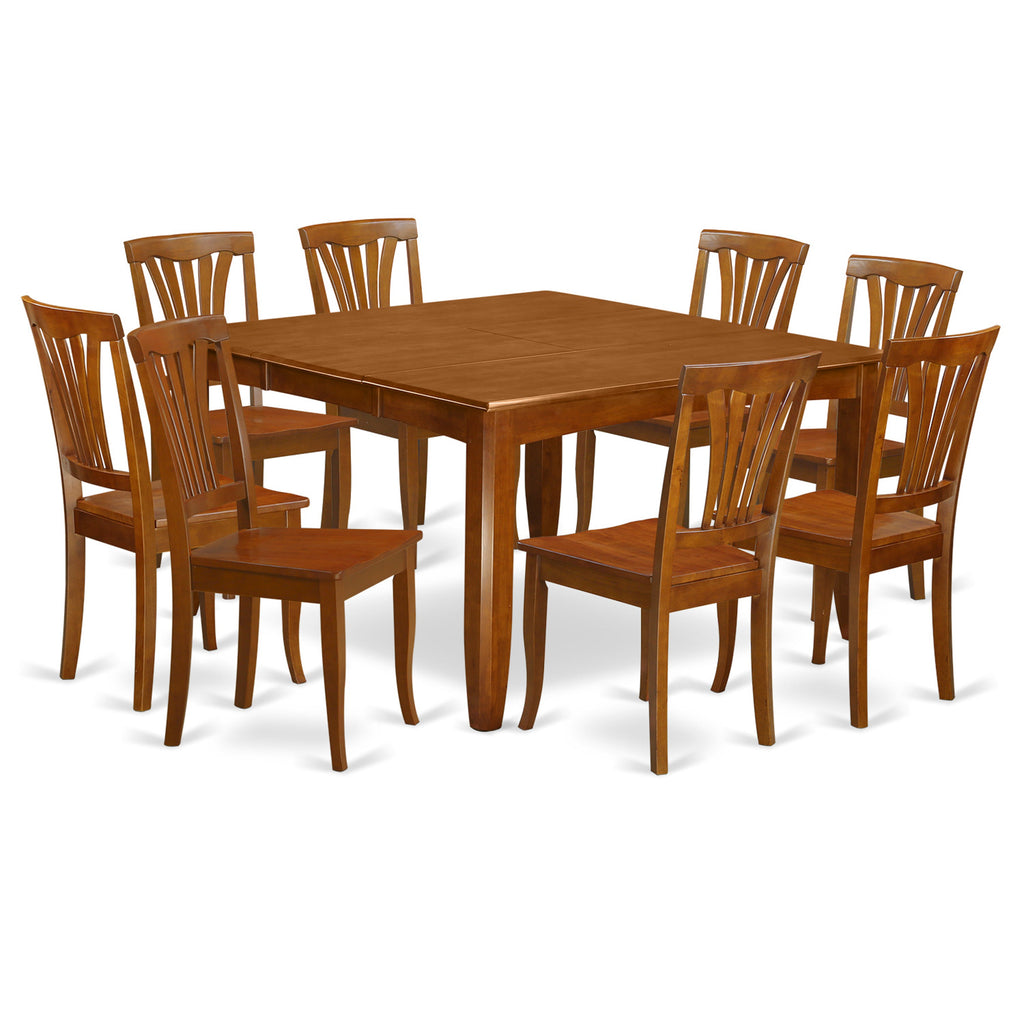 East West Furniture PFAV9-SBR-W 9 Piece Kitchen Table & Chairs Set Includes a Square Dining Table with Butterfly Leaf and 8 Dining Room Chairs, 54x54 Inch, Saddle Brown