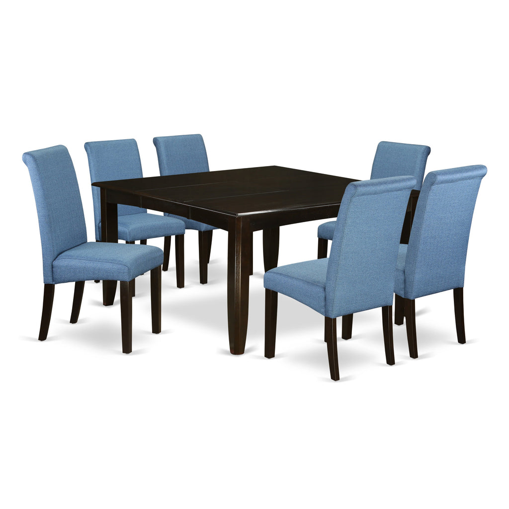 East West Furniture PFBA7-CAP-21 7 Piece Dinette Set Consist of a Square Dining Room Table with Butterfly Leaf and 6 Blue Color Linen Fabric Upholstered Chairs, 54x54 Inch, Cappuccino