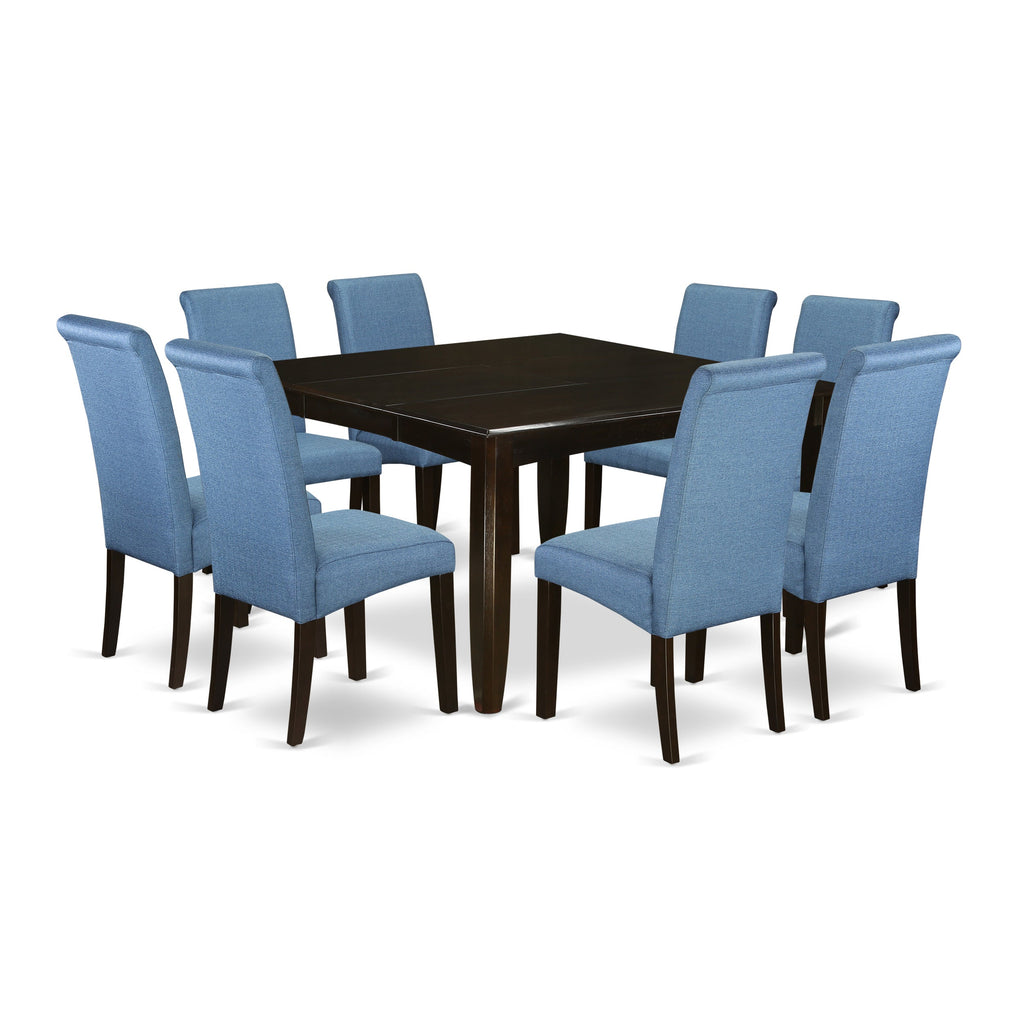 East West Furniture PFBA9-CAP-21 9 Piece Modern Dining Table Set Includes a Square Wooden Table with Butterfly Leaf and 8 Blue Color Linen Fabric Parson Chairs, 54x54 Inch, Cappuccino