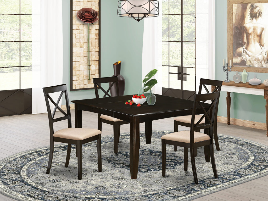 East West Furniture PFBO5-CAP-C 5 Piece Dinette Set for 4 Includes a Square Dining Room Table with Butterfly Leaf and 4 Linen Fabric Upholstered Dining Chairs, 54x54 Inch, Cappuccino