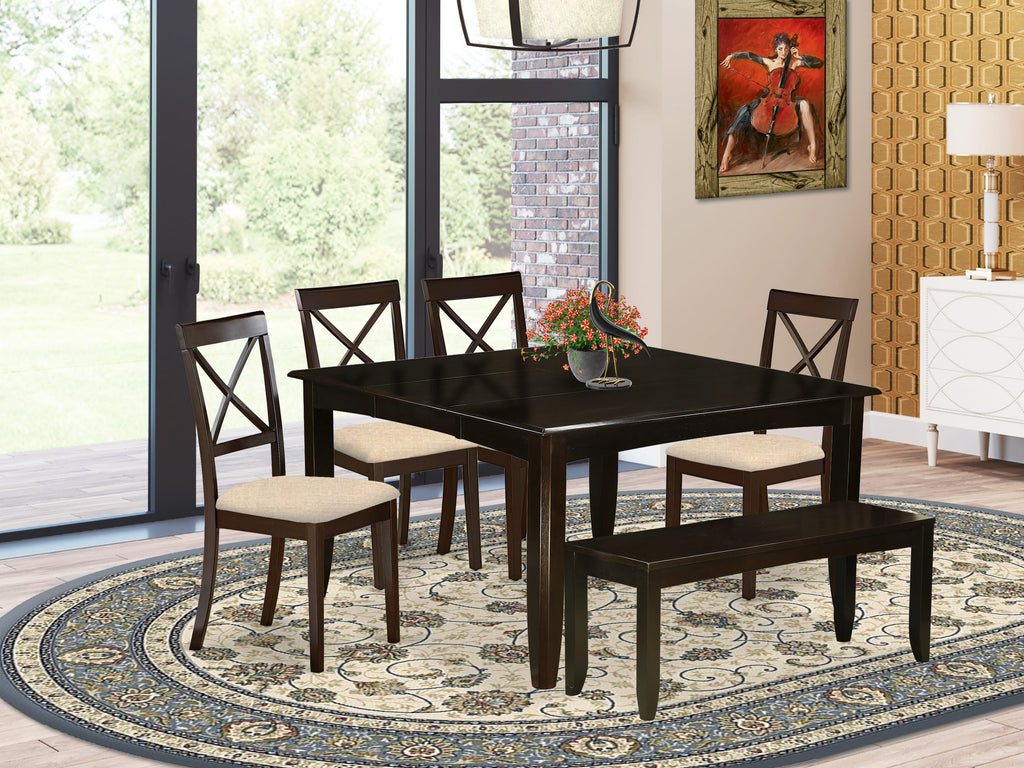 East West Furniture PFBO6-CAP-C 6 Piece Kitchen Table Set Contains a Square Dining Table with Butterfly Leaf and 4 Linen Fabric Dining Chairs with a Bench, 54x54 Inch, Cappuccino