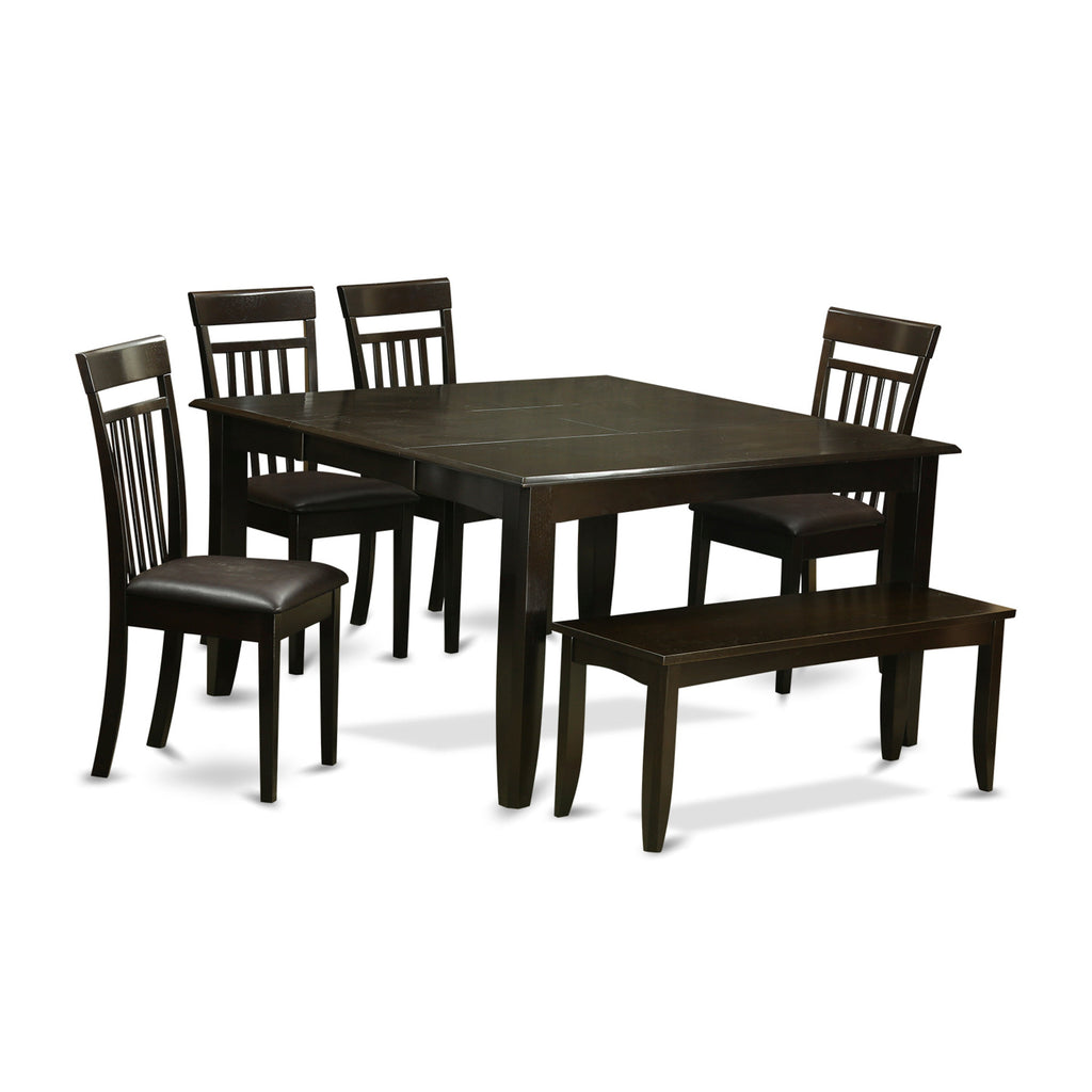East West Furniture PFCA6-CAP-LC 6 Piece Dining Table Set Contains a Square Dining Room Table with Butterfly Leaf and 4 Faux Leather Upholstered Chairs with a Bench, 54x54 Inch, Cappuccino