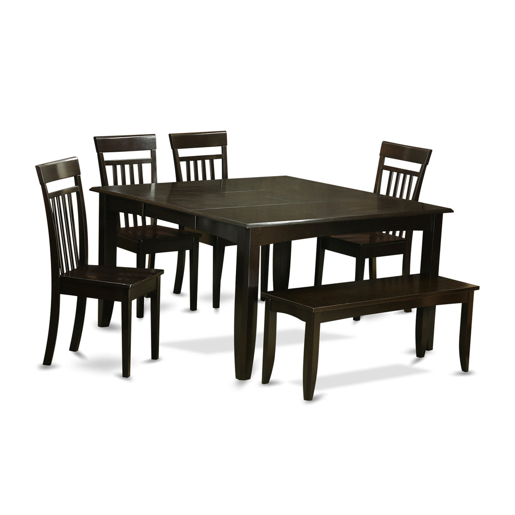 East West Furniture PFCA6-CAP-W 6 Piece Kitchen Table Set Contains a Square Dining Table with Butterfly Leaf and 4 Dining Chairs with a Bench, 54x54 Inch, Cappuccino