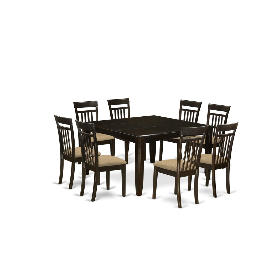 East West Furniture PFCA9-CAP-C 9 Piece Modern Dining Table Set Includes a Square Wooden Table with Butterfly Leaf and 8 Linen Fabric Kitchen Dining Chairs, 54x54 Inch, Cappuccino