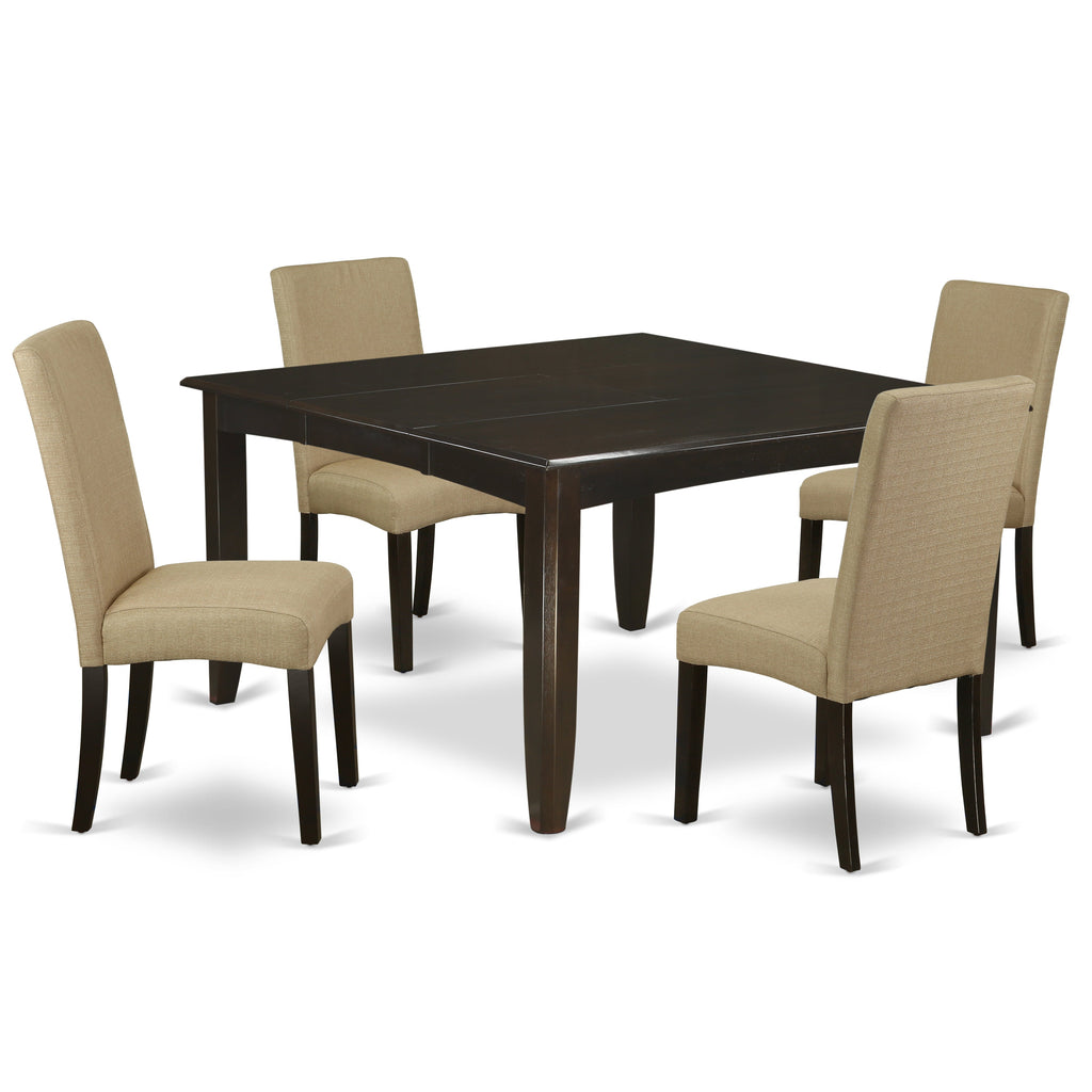 East West Furniture PFDR5-CAP-03 5 Piece Dining Room Furniture Set Includes a Square Wooden Table with Butterfly Leaf and 4 Brown Linen Fabric Parson Dining Chairs, 54x54 Inch, Cappuccino