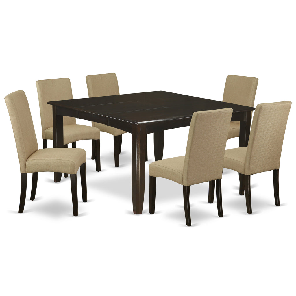 East West Furniture PFDR7-CAP-03 7 Piece Modern Dining Table Set Consist of a Square Wooden Table with Butterfly Leaf and 6 Brown Linen Fabric Upholstered Chairs, 54x54 Inch, Cappuccino