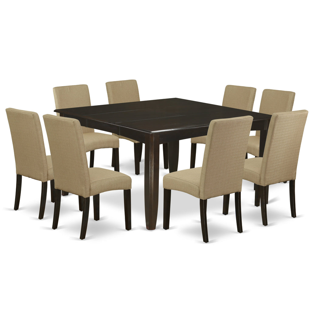 East West Furniture PFDR9-CAP-03 9 Piece Dining Set Includes a Square Dining Room Table with Butterfly Leaf and 8 Brown Linen Fabric Upholstered Parson Chairs, 54x54 Inch, Cappuccino
