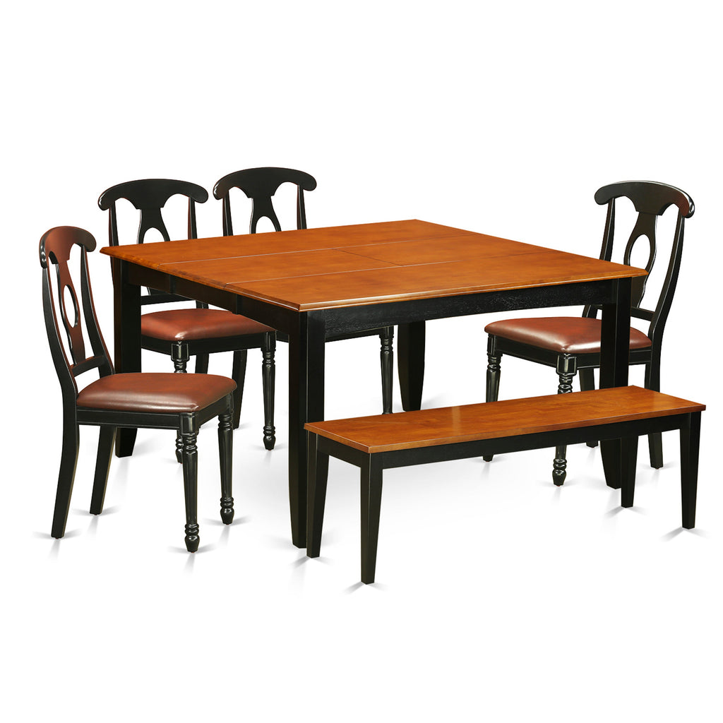 East West Furniture PFKE6-BCH-LC 6 Piece Modern Dining Table Set Contains a Square Wooden Table with Butterfly Leaf and 4 Faux Leather Dining Chairs with a Bench, 54x54 Inch, Black & Cherry