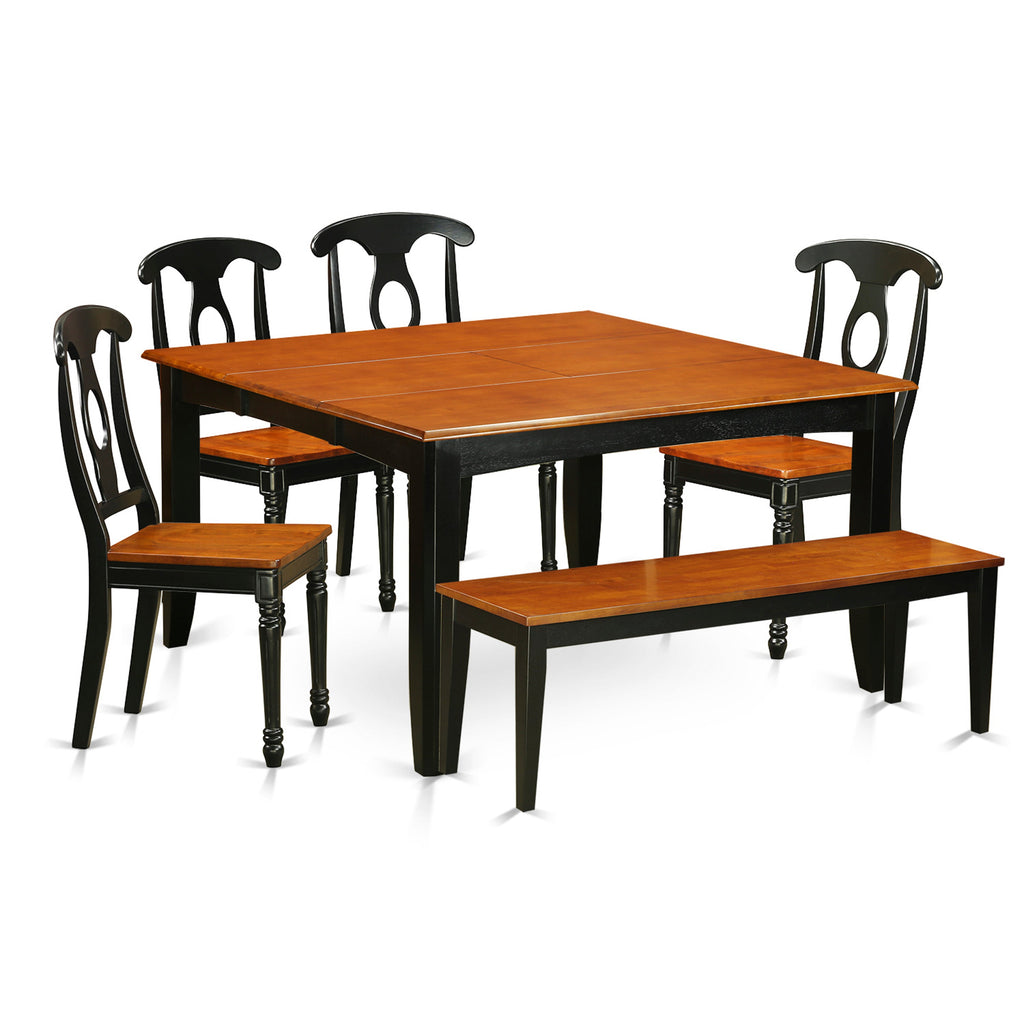 East West Furniture PFKE6-BCH-W 6 Piece Dining Table Set Contains a Square Dining Room Table with Butterfly Leaf and 4 Wooden Seat Chairs with a Bench, 54x54 Inch, Black & Cherry