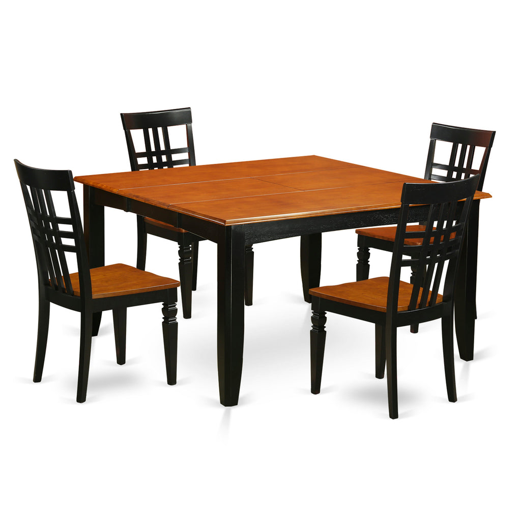 East West Furniture PFLG5-BCH-W 5 Piece Dining Table Set for 4 Includes a Square Kitchen Table with Butterfly Leaf and 4 Dinette Chairs, 54x54 Inch, Black & Cherry