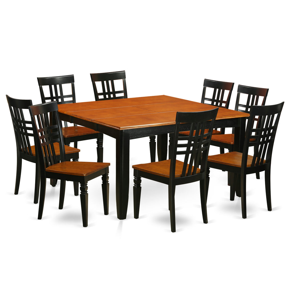 East West Furniture PFLG9-BCH-W 9 Piece Dining Set Includes a Square Dining Room Table with Butterfly Leaf and 8 Kitchen Chairs, 54x54 Inch, Black & Cherry