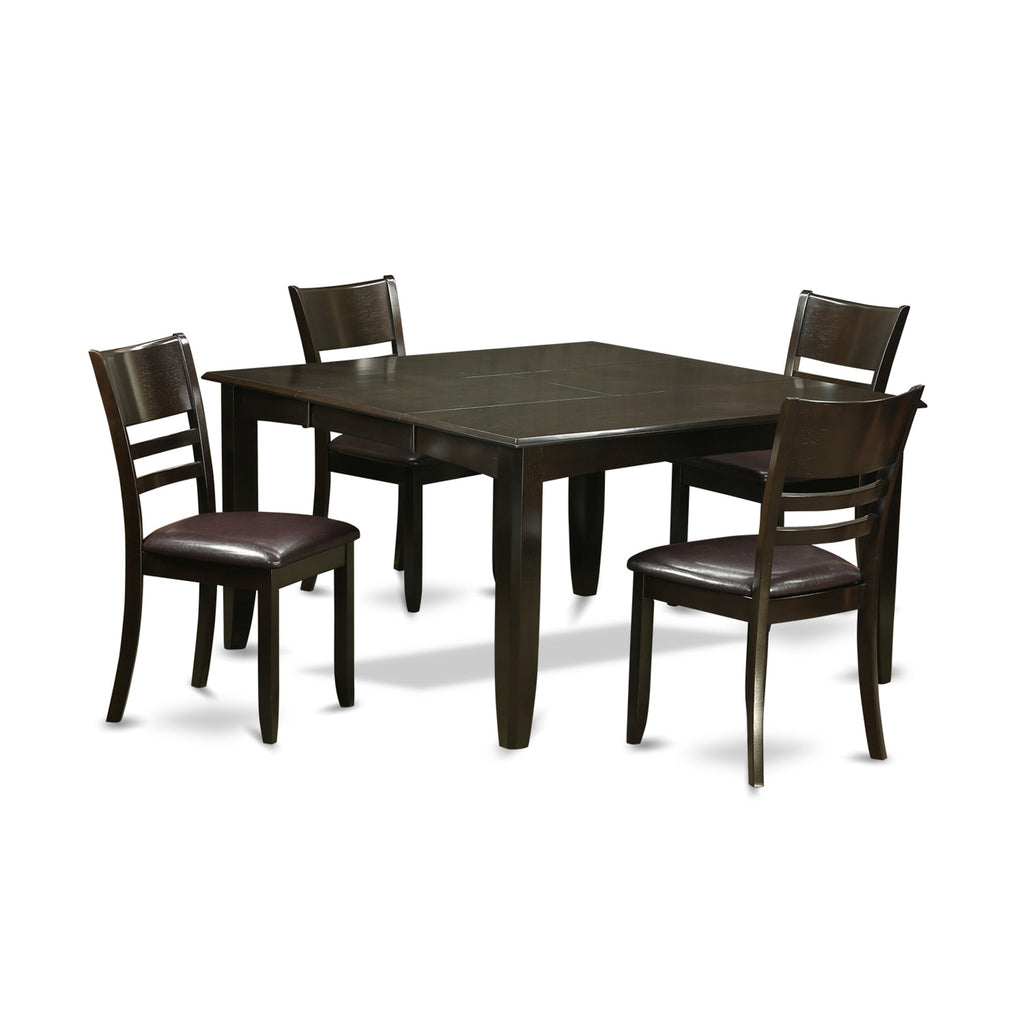 East West Furniture PFLY5-CAP-LC 5 Piece Dining Room Table Set Includes a Square Kitchen Table with Butterfly Leaf and 4 Faux Leather Upholstered Dining Chairs, 54x54 Inch, Cappuccino