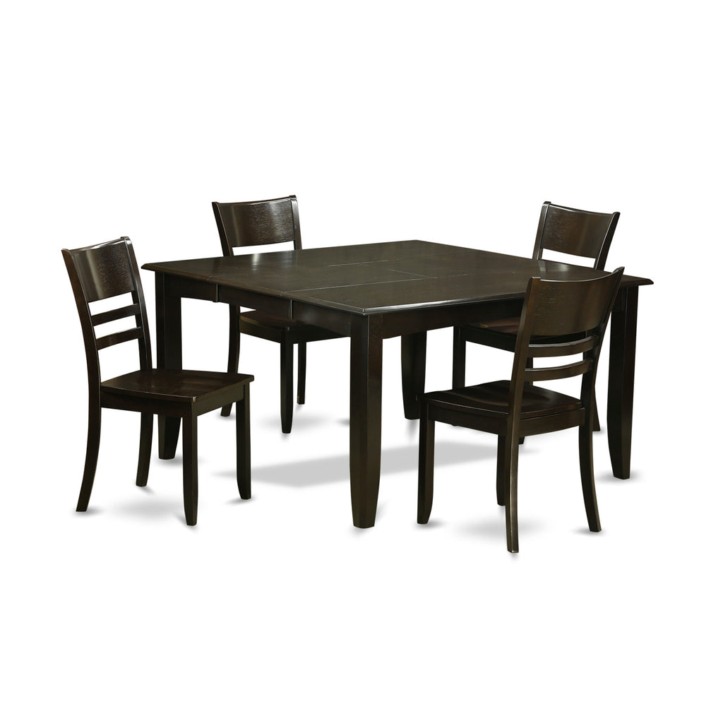 East West Furniture PFLY5-CAP-W 5 Piece Dining Set Includes a Square Dining Room Table with Butterfly Leaf and 4 Kitchen Chairs, 54x54 Inch, Cappuccino