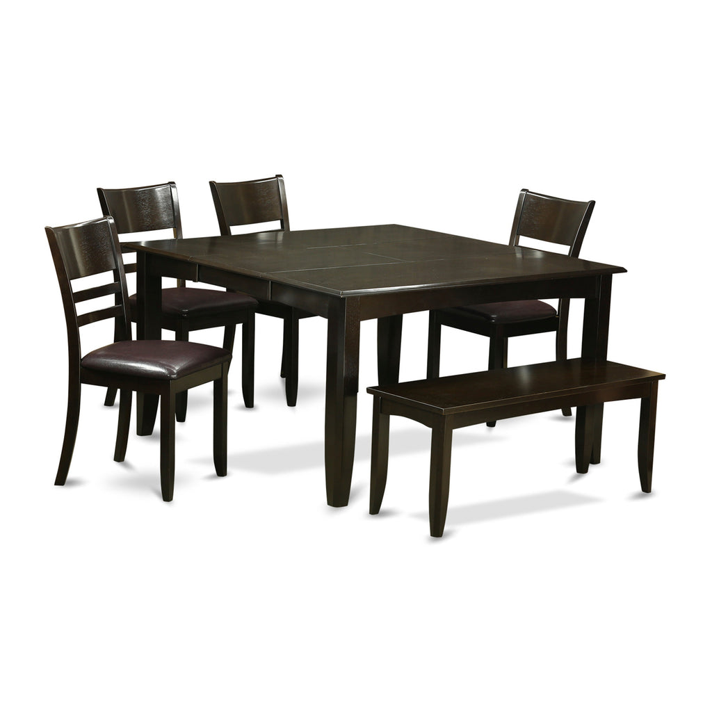 East West Furniture PFLY6-CAP-LC 6 Piece Dining Set Contains a Square Dining Room Table with Butterfly Leaf and 4 Faux Leather Kitchen Chairs with a Bench, 54x54 Inch, Cappuccino