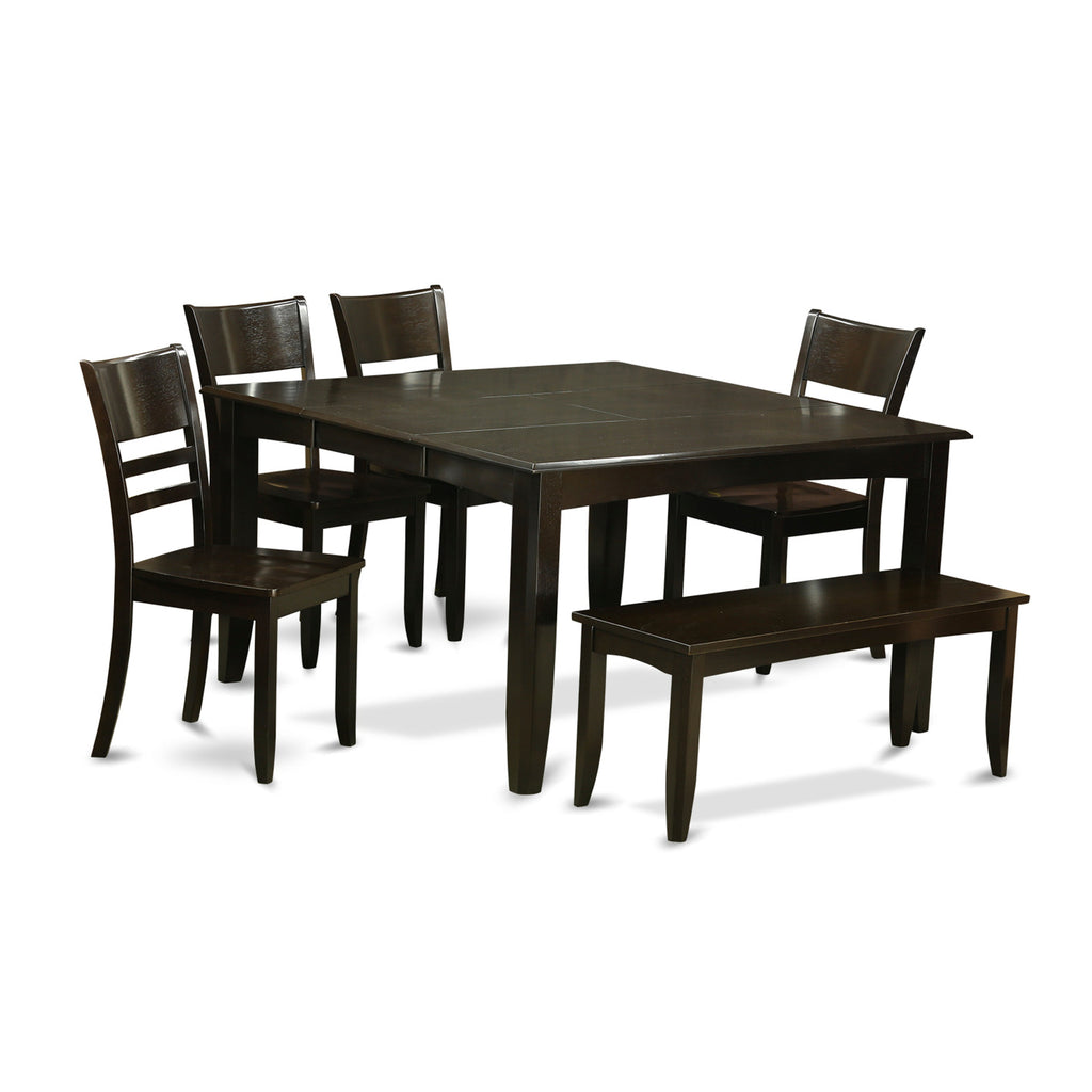 East West Furniture PFLY6-CAP-W 6 Piece Dining Set Contains a Square Dining Room Table with Butterfly Leaf and 4 Kitchen Chairs with a Bench, 54x54 Inch, Cappuccino