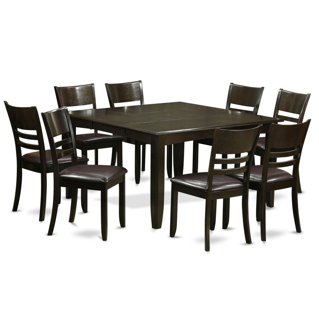 East West Furniture PFLY9-CAP-LC 9 Piece Dining Set Includes a Square Dining Room Table with Butterfly Leaf and 8 Faux Leather Upholstered Kitchen Chairs, 54x54 Inch, Cappuccino