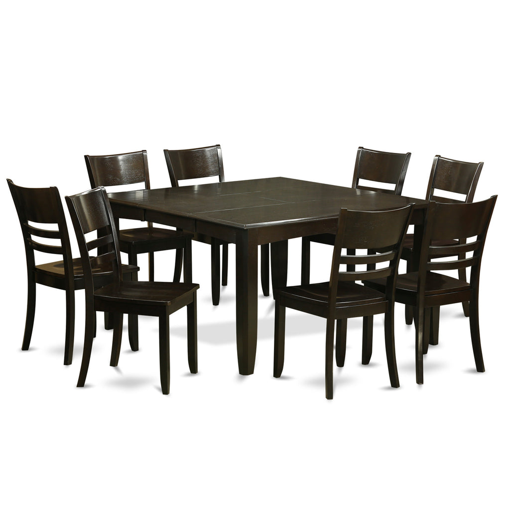 East West Furniture PFLY9-CAP-W 9 Piece Dining Table Set Includes a Square Dining Room Table with Butterfly Leaf and 8 Wood Seat Chairs, 54x54 Inch, Cappuccino