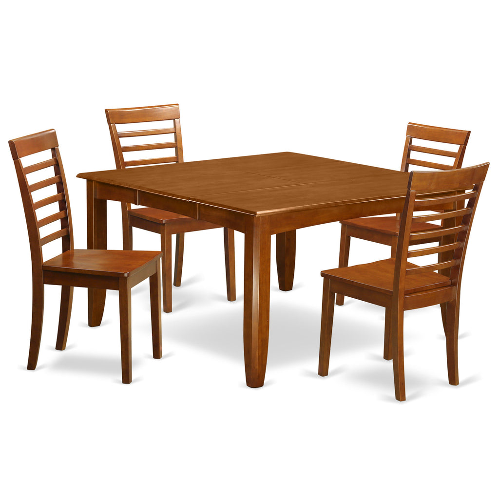 East West Furniture PFML5-SBR-W 5 Piece Dining Table Set for 4 Includes a Square Kitchen Table with Butterfly Leaf and 4 Dining Room Chairs, 54x54 Inch, Saddle Brown