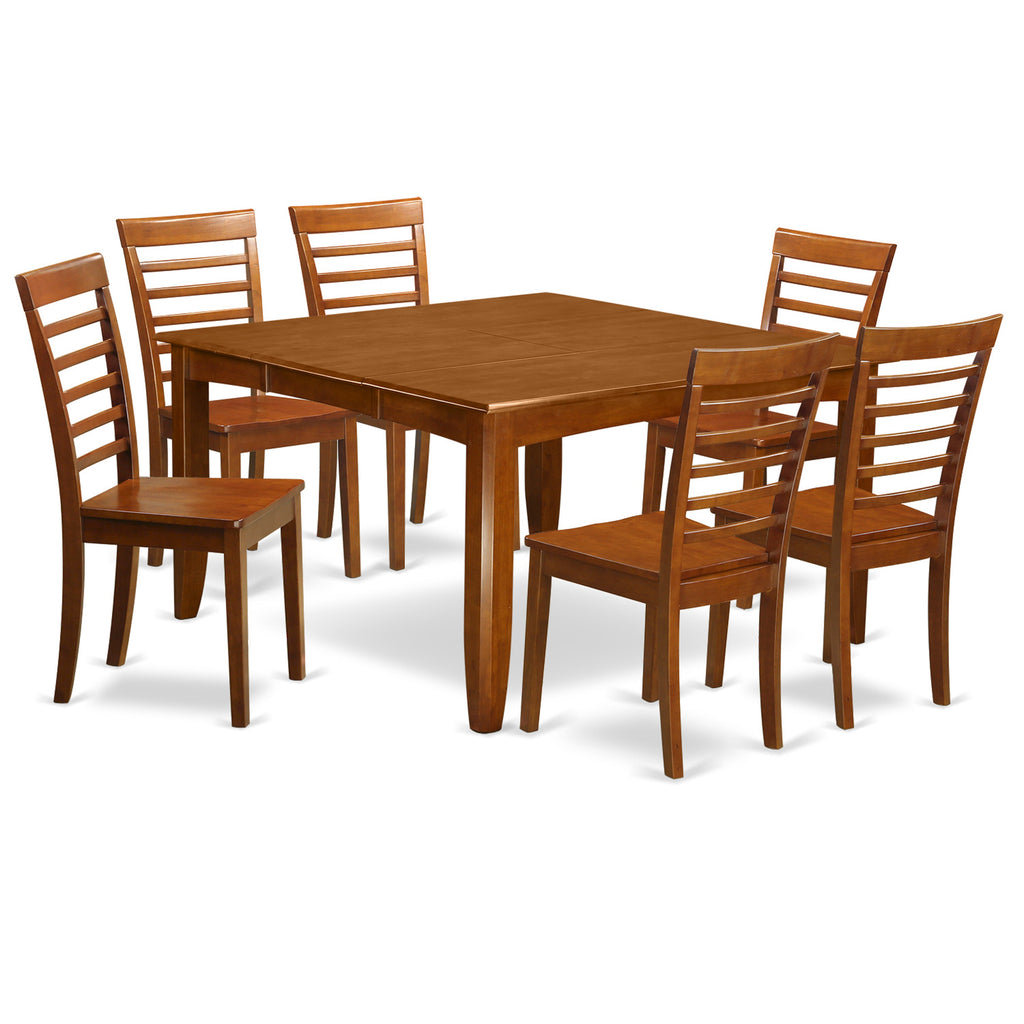East West Furniture PFML7-SBR-W 7 Piece Kitchen Table Set Consist of a Square Dining Table with Butterfly Leaf and 6 Dining Room Chairs, 54x54 Inch, Saddle Brown