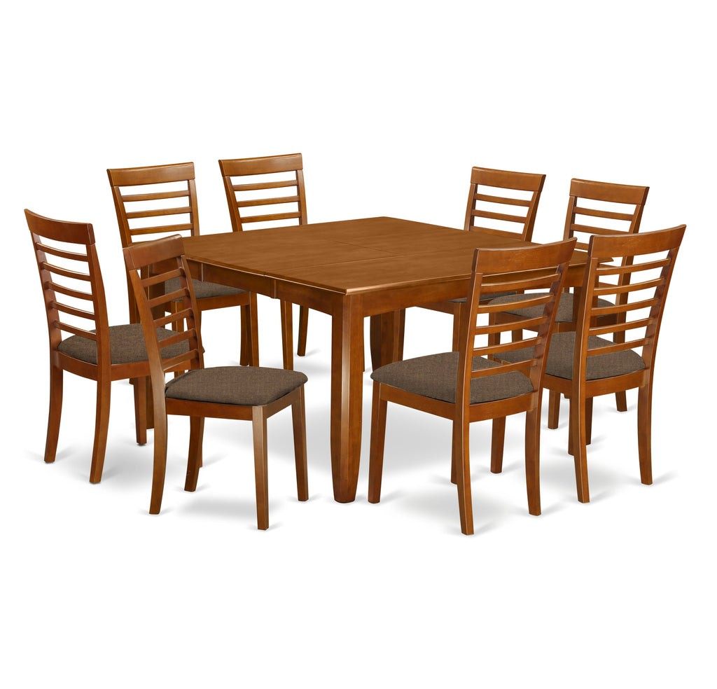 East West Furniture PFML9-SBR-C 9 Piece Kitchen Table & Chairs Set Includes a Square Dining Table with Butterfly Leaf and 8 Linen Fabric Dining Room Chairs, 54x54 Inch, Saddle Brown