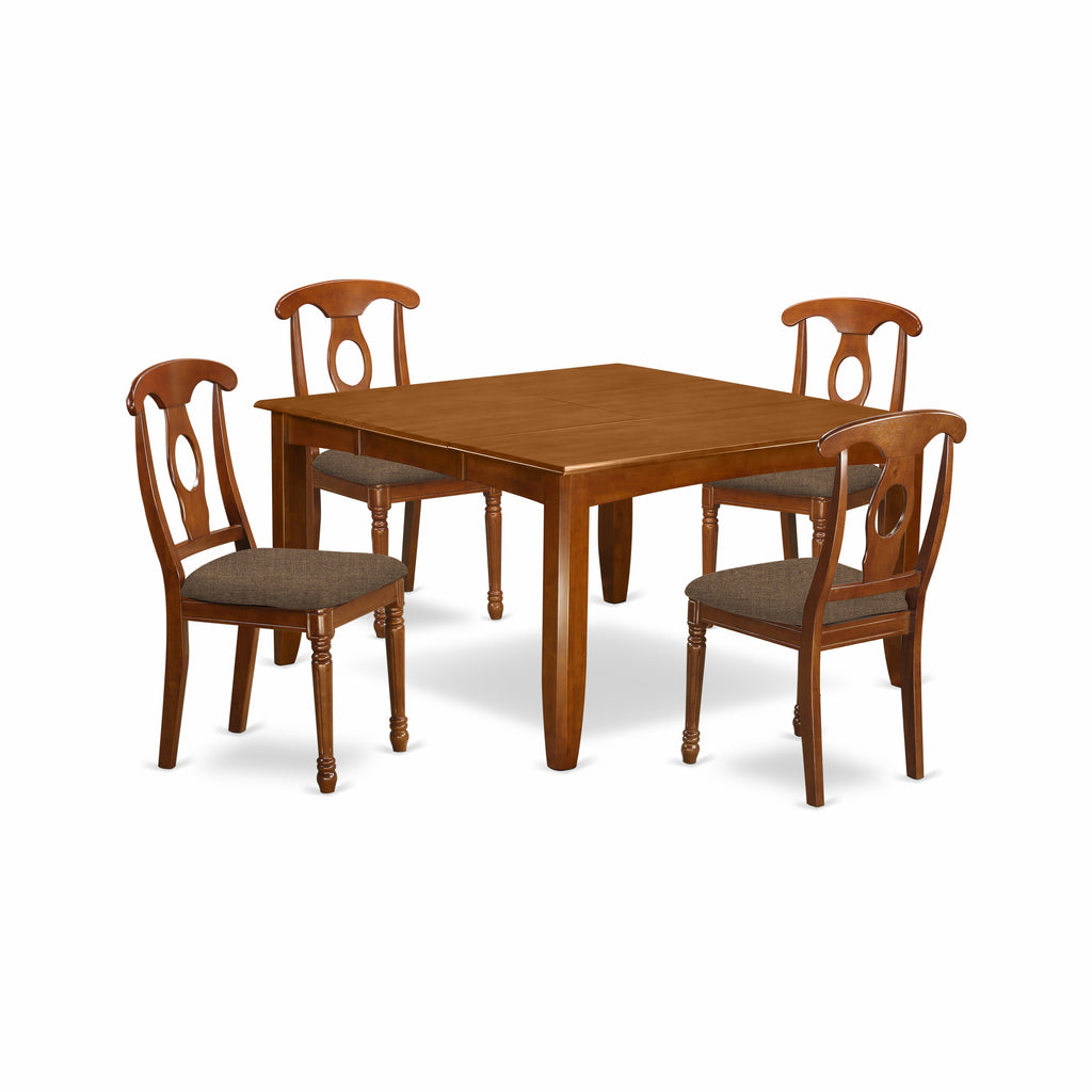 East West Furniture PFNA5-SBR-C 5 Piece Dining Room Furniture Set Includes a Square Kitchen Table with Butterfly Leaf and 4 Linen Fabric Upholstered Chairs, 54x54 Inch, Saddle Brown