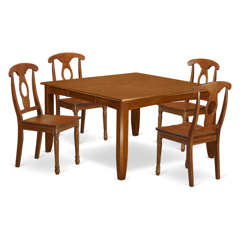 East West Furniture PFNA5-SBR-W 5 Piece Dinette Set for 4 Includes a Square Dining Room Table with Butterfly Leaf and 4 Dining Chairs, 54x54 Inch, Saddle Brown