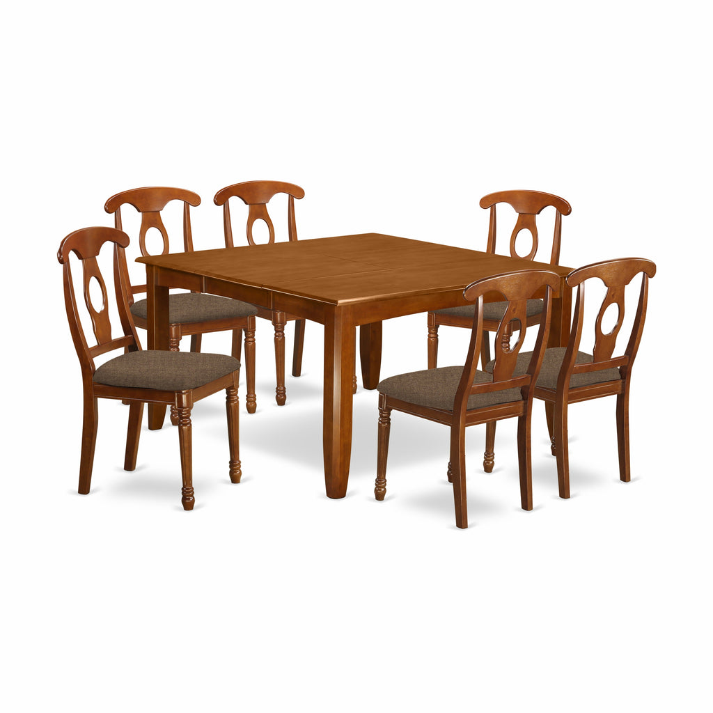 East West Furniture PFNA7-SBR-C 7 Piece Kitchen Table & Chairs Set Consist of a Square Dining Room Table with Butterfly Leaf and 6 Linen Fabric Dining Chairs, 54x54 Inch, Saddle Brown