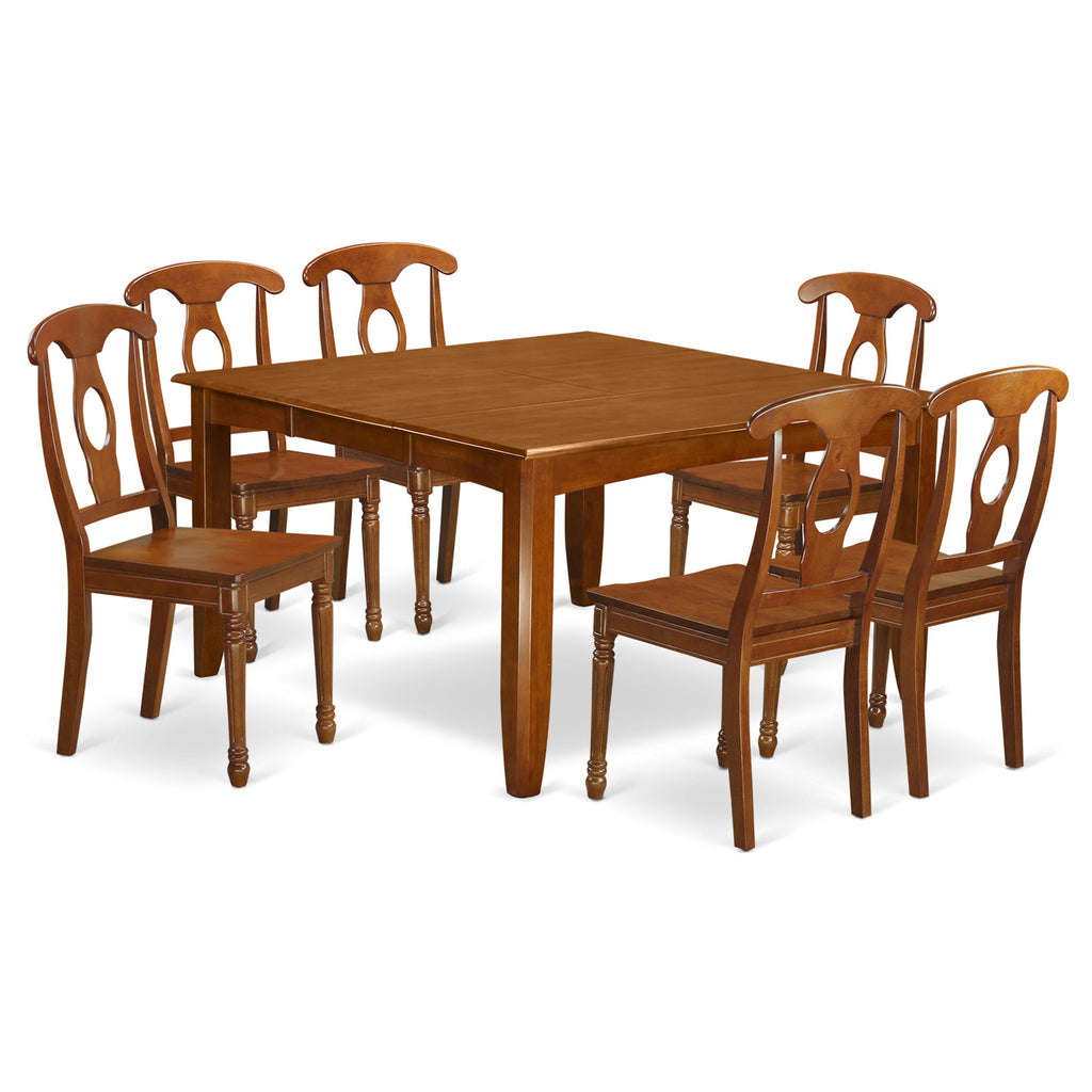 East West Furniture PFNA7-SBR-W 7 Piece Dining Table Set Consist of a Square Wooden Table with Butterfly Leaf and 6 Dining Room Chairs, 54x54 Inch, Saddle Brown