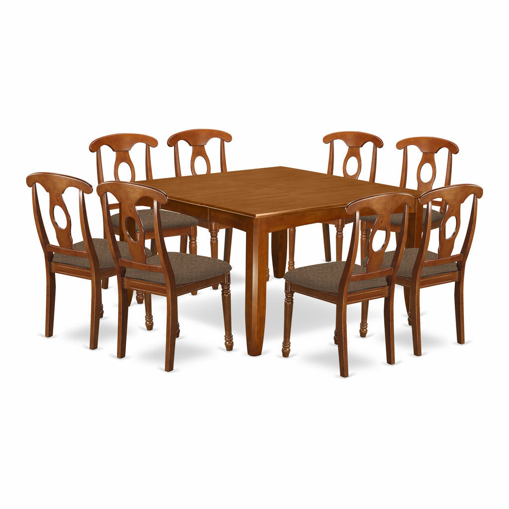 East West Furniture PFNA9-SBR-C 9 Piece Kitchen Table & Chairs Set Includes a Square Dining Table with Butterfly Leaf and 8 Linen Fabric Dining Room Chairs, 54x54 Inch, Saddle Brown