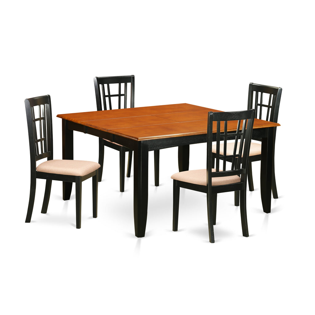 East West Furniture PFNI5-BCH-C 5 Piece Dining Table Set for 4 Includes a Square Kitchen Table with Butterfly Leaf and 4 Linen Fabric Upholstered Dinette Chairs, 54x54 Inch, Black & Cherry