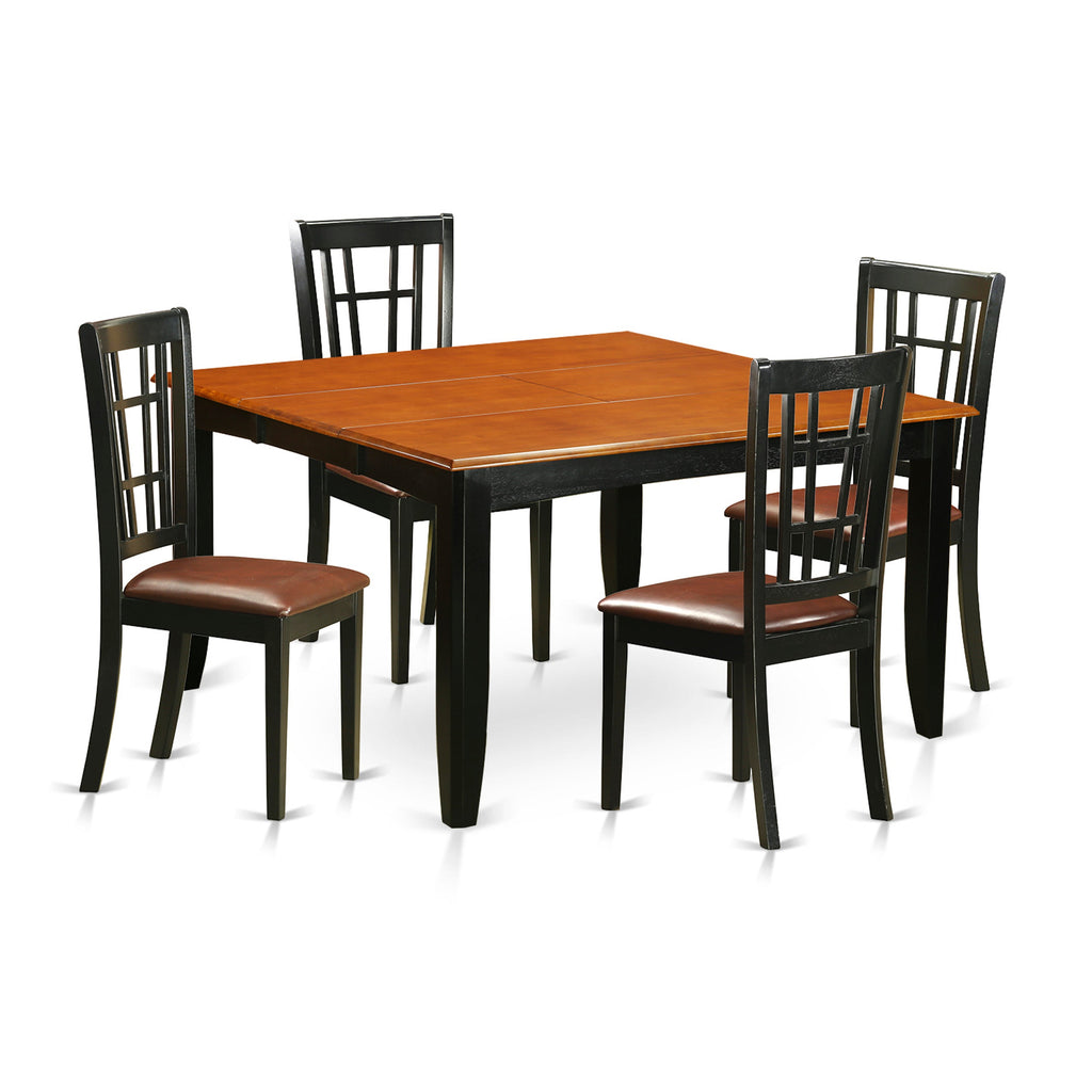 East West Furniture PFNI5-BCH-LC 5 Piece Kitchen Table Set for 4 Includes a Square Dining Room Table with Butterfly Leaf and 4 Faux Leather Upholstered Chairs, 54x54 Inch, Black & Cherry