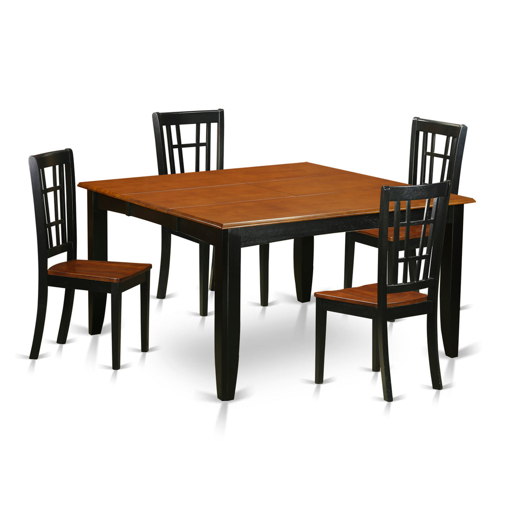 East West Furniture PFNI5-BCH-W 5 Piece Dining Set Includes a Square Dining Room Table with Butterfly Leaf and 4 Wood Seat Chairs, 54x54 Inch, Black & Cherry