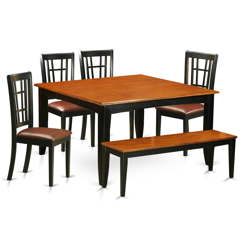 East West Furniture PFNI6-BCH-LC 6 Piece Dinette Set Contains a Square Dining Room Table with Butterfly Leaf and 4 Faux Leather Dining Chairs with a Bench, 54x54 Inch, Black & Cherry
