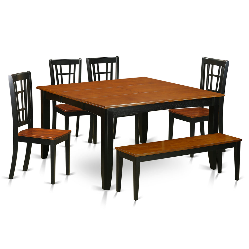 East West Furniture PFNI6-BCH-W 6 Piece Dining Table Set Contains a Square Dining Room Table with Butterfly Leaf and 4 Wooden Seat Chairs with a Bench, 54x54 Inch, Black & Cherry
