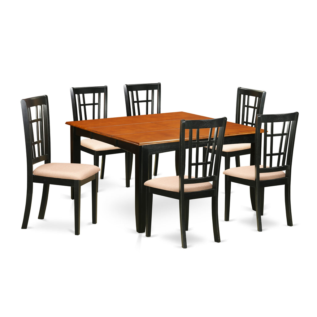 East West Furniture PFNI7-BCH-C 7 Piece Modern Dining Table Set Consist of a Square Wooden Table with Butterfly Leaf and 6 Linen Fabric Upholstered Dining Chairs, 54x54 Inch, Black & Cherry
