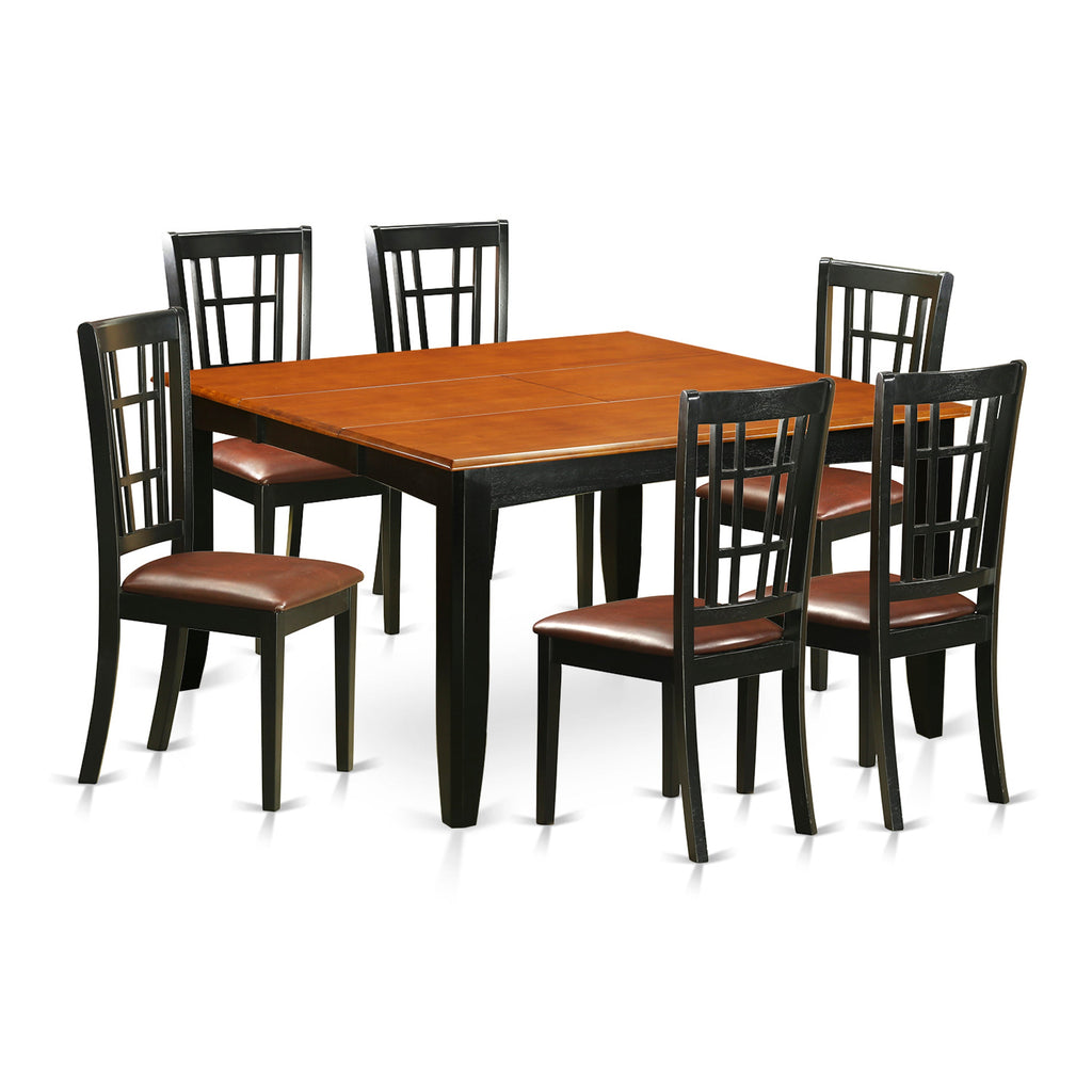 East West Furniture PFNI7-BCH-LC 7 Piece Dining Table Set Consist of a Square Wooden Table with Butterfly Leaf and 6 Faux Leather Dining Room Chairs, 54x54 Inch, Black & Cherry