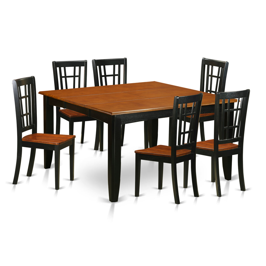 East West Furniture PFNI7-BCH-W 7 Piece Modern Dining Table Set Consist of a Square Wooden Table with Butterfly Leaf and 6 Dining Chairs, 54x54 Inch, Black & Cherry