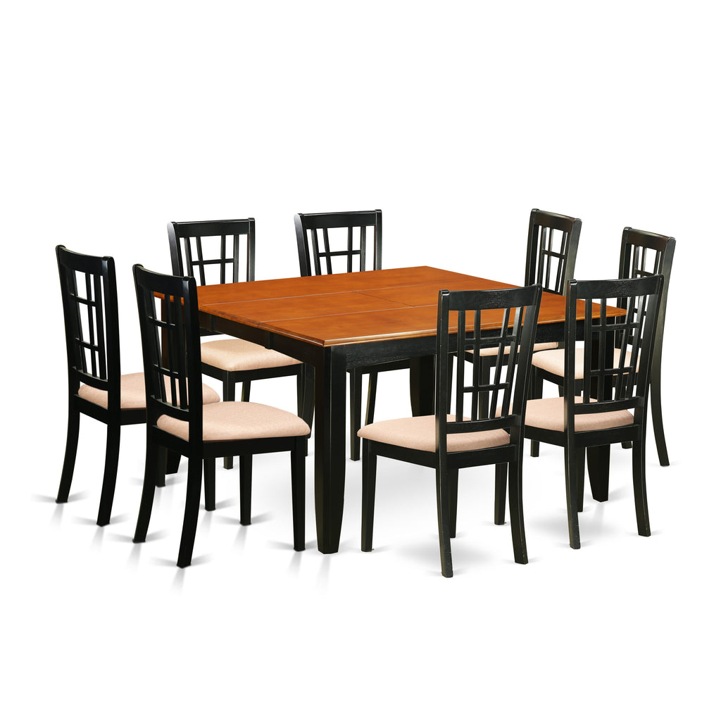 East West Furniture PFNI9-BCH-C 9 Piece Dining Table Set Includes a Square Dining Room Table with Butterfly Leaf and 8 Linen Fabric Upholstered Chairs, 54x54 Inch, Black & Cherry