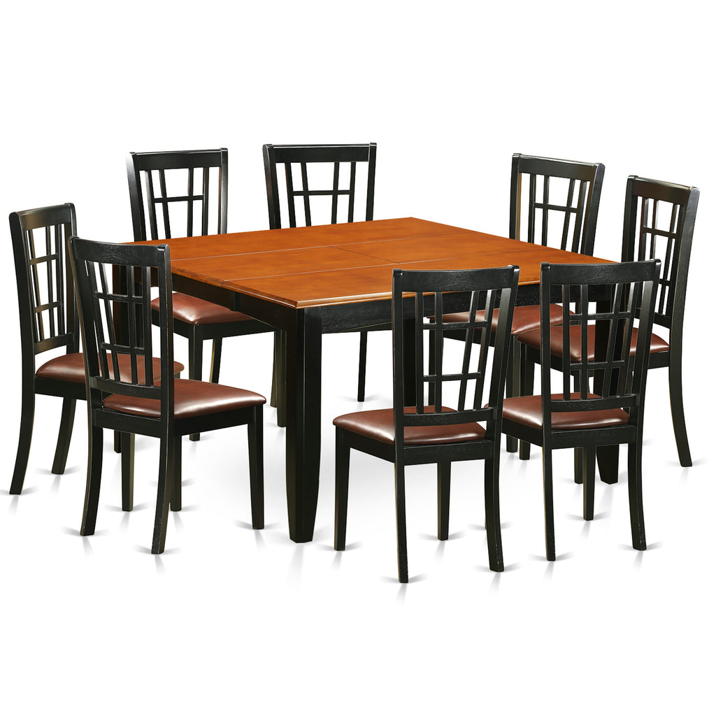 East West Furniture PFNI9-BCH-LC 9 Piece Kitchen Table Set Includes a Square Dining Table with Butterfly Leaf and 8 Faux Leather Dining Room Chairs, 54x54 Inch, Black & Cherry