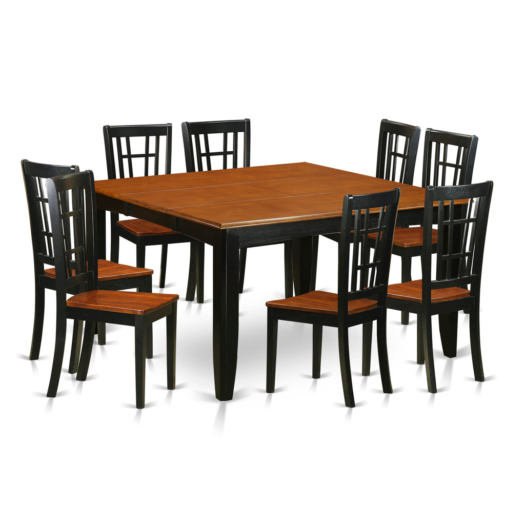 East West Furniture PFNI9-BCH-W 9 Piece Dining Room Furniture Set Includes a Square Kitchen Table with Butterfly Leaf and 8 Dining Chairs, 54x54 Inch, Black & Cherry
