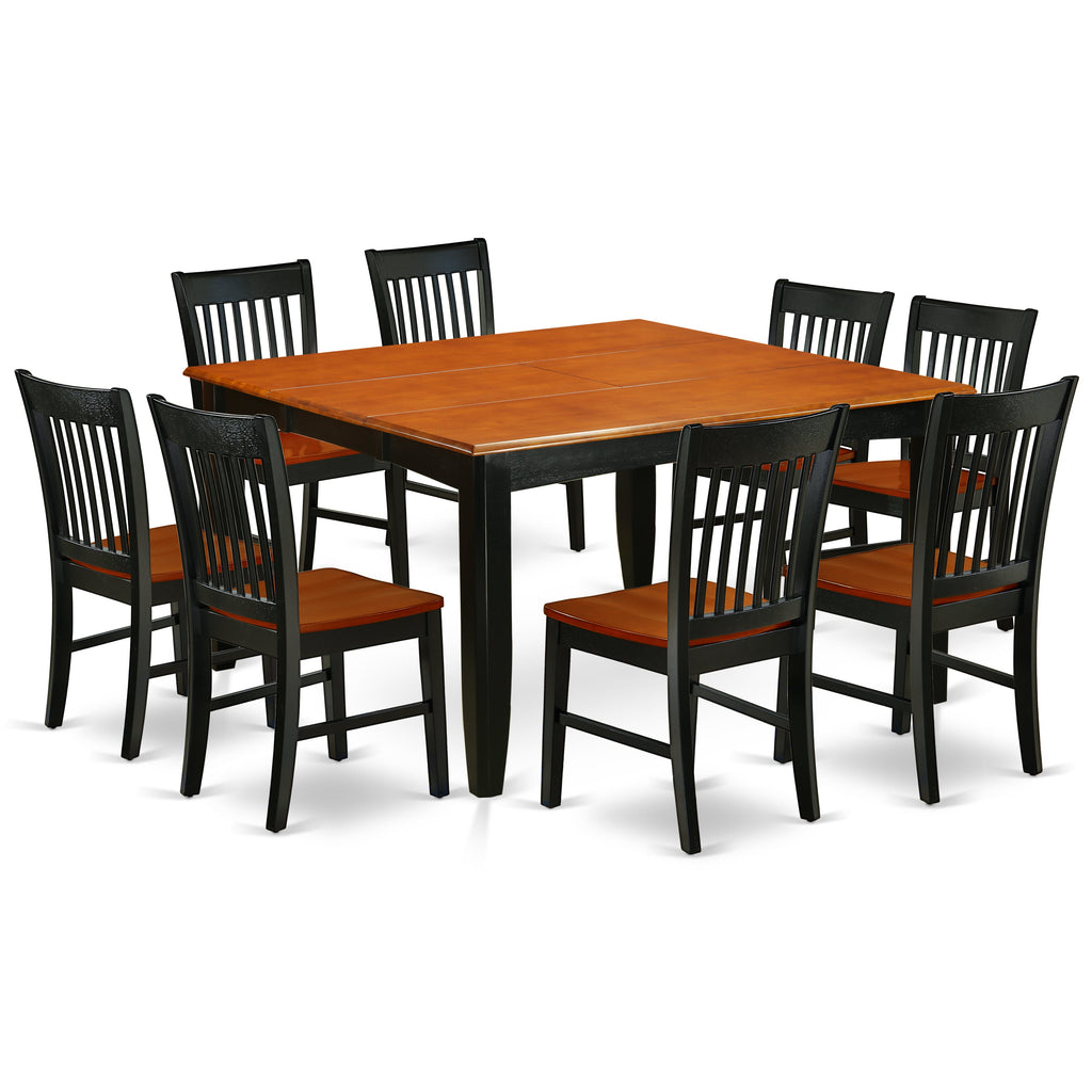 East West Furniture PFNO9-BCH-W 9 Piece Dining Room Table Set Includes a Square Kitchen Table with Butterfly Leaf and 8 Dining Chairs, 54x54 Inch, Black & Cherry