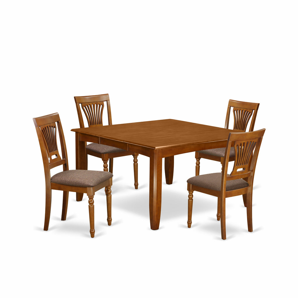 East West Furniture PFPL5-SBR-C 5 Piece Dining Room Table Set Includes a Square Wooden Table with Butterfly Leaf and 4 Linen Fabric Kitchen Dining Chairs, 54x54 Inch, Saddle Brown