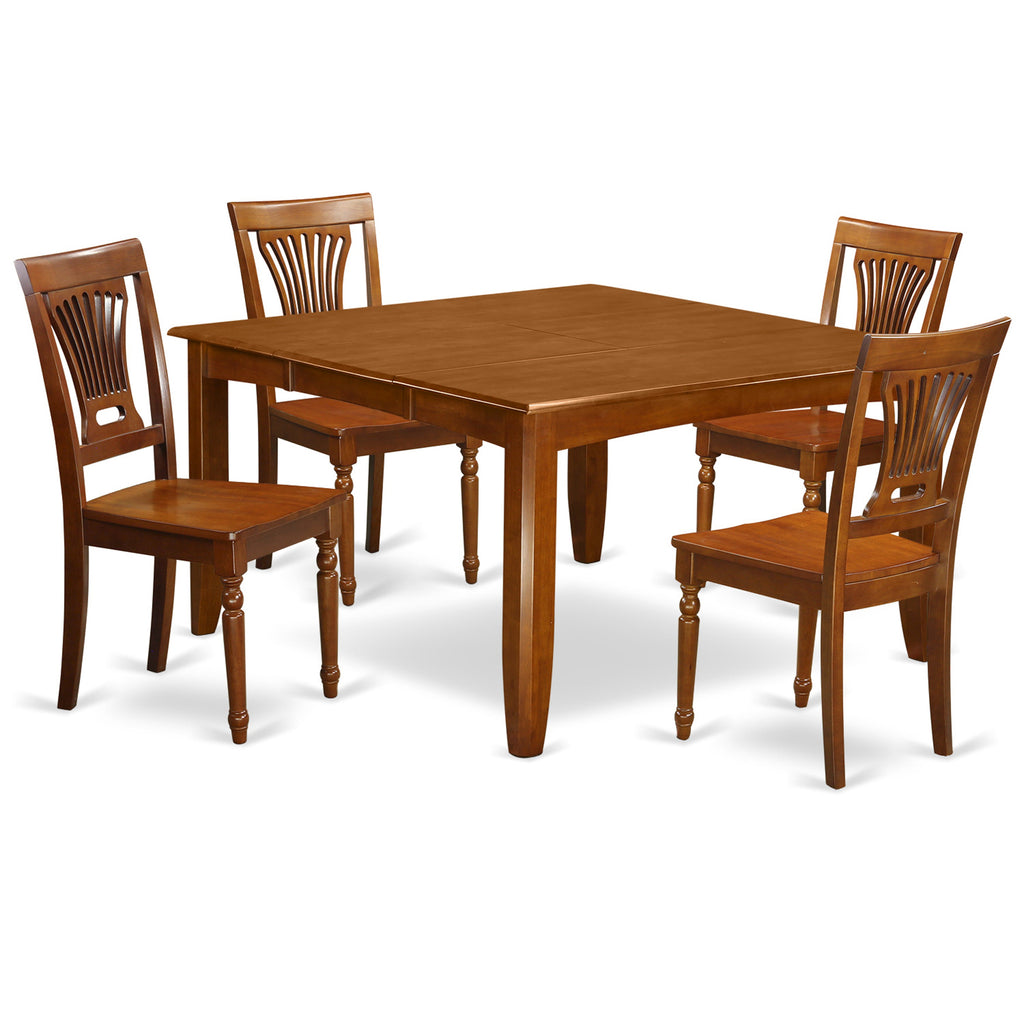 East West Furniture PFPL5-SBR-W 5 Piece Kitchen Table & Chairs Set Includes a Square Dining Room Table with Butterfly Leaf and 4 Dining Chairs, 54x54 Inch, Saddle Brown