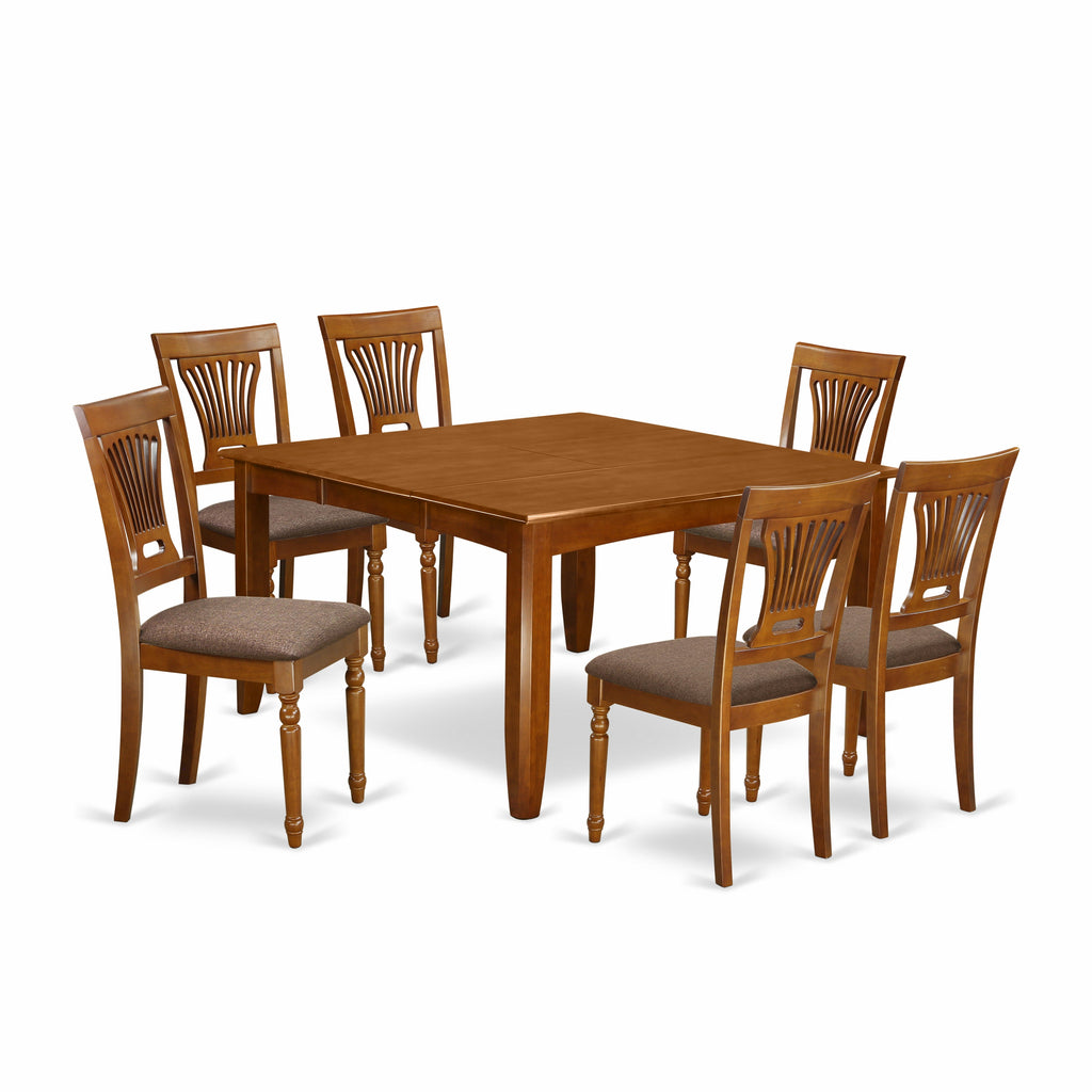 East West Furniture PFPL7-SBR-C 7 Piece Dining Table Set Consist of a Square Dining Room Table with Butterfly Leaf and 6 Linen Fabric Upholstered Chairs, 54x54 Inch, Saddle Brown