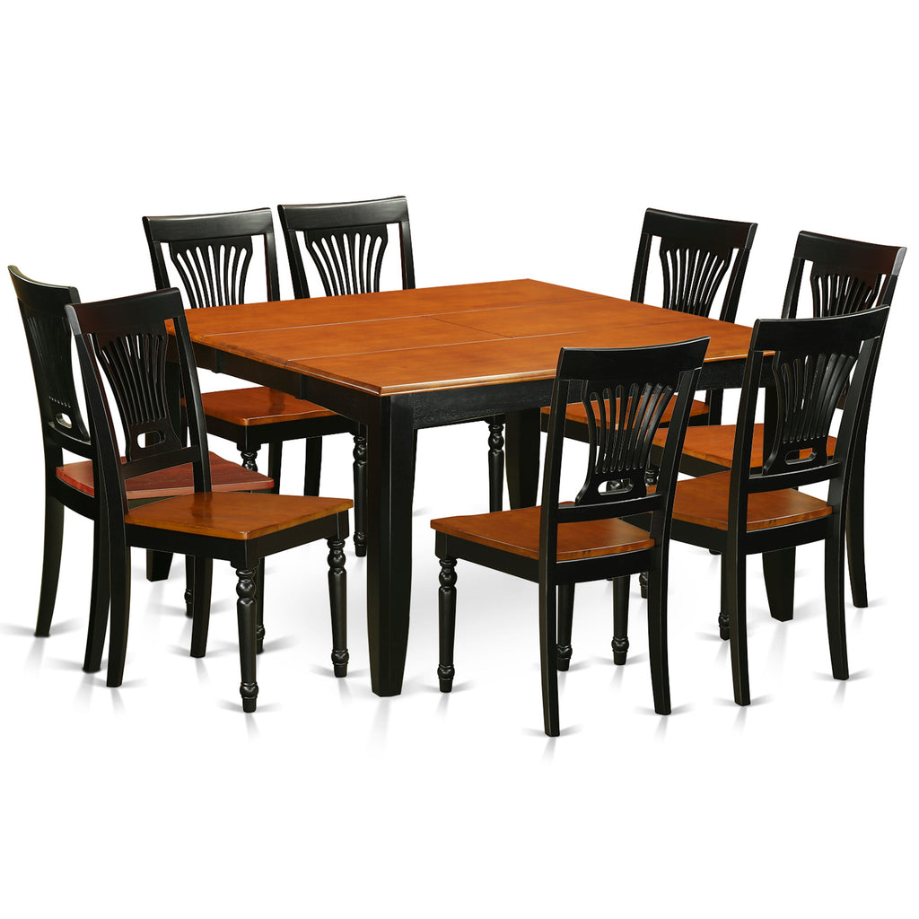 East West Furniture PFPL9-BCH-W 9 Piece Dining Table Set Includes a Square Dining Room Table with Butterfly Leaf and 8 Wood Seat Chairs, 54x54 Inch, Black & Cherry