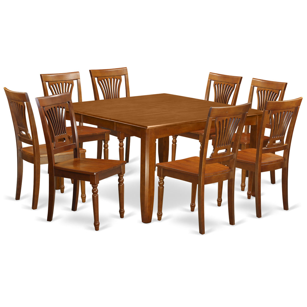 East West Furniture PFPL9-SBR-W 9 Piece Kitchen Table Set Includes a Square Dining Table with Butterfly Leaf and 8 Dining Room Chairs, 54x54 Inch, Saddle Brown