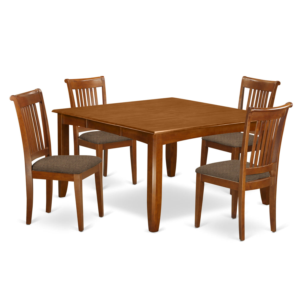 East West Furniture PFPO5-SBR-C 5 Piece Kitchen Table Set for 4 Includes a Square Dining Room Table with Butterfly Leaf and 4 Linen Fabric Upholstered Chairs, 54x54 Inch, Saddle Brown