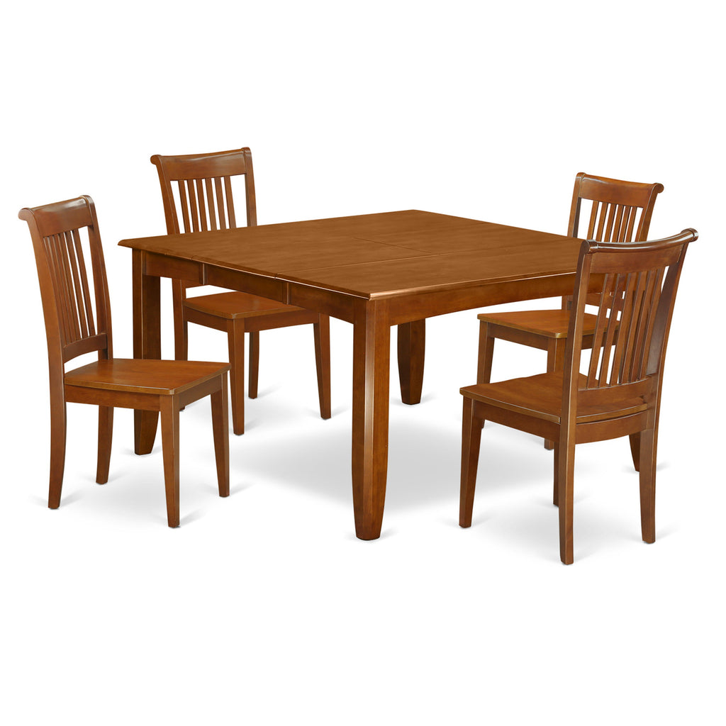 East West Furniture PFPO5-SBR-W 5 Piece Dinette Set for 4 Includes a Square Dining Table with Butterfly Leaf and 4 Dining Room Chairs, 54x54 Inch, Saddle Brown