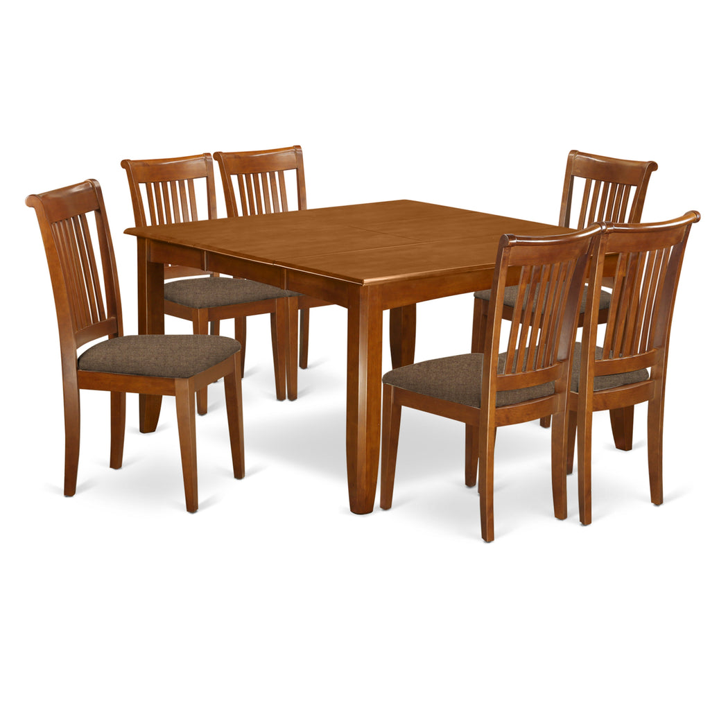 East West Furniture PFPO7-SBR-C 7 Piece Dining Room Table Set Consist of a Square Wooden Table with Butterfly Leaf and 6 Linen Fabric Kitchen Dining Chairs, 54x54 Inch, Saddle Brown
